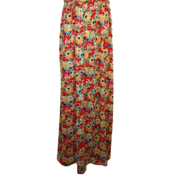In April 1986 Womens Maxi Dress Orange Yellow Lurex Floral Ruffle Empire Waist S - Picture 3 of 6